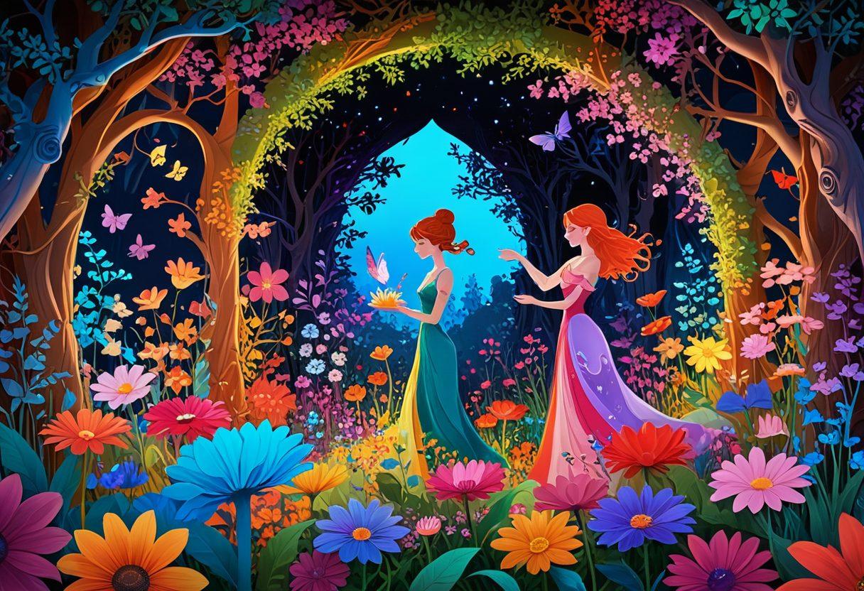 A colorful and dynamic scene featuring a variety of animated characters showcasing diverse expressions and playful poses, immersed in a whimsical fantasy landscape filled with vibrant flowers and glowing magical elements. The characters should reflect different styles of adult animation, beautifully blending sensuality and art. Emphasize intricate details and bold colors to capture the essence of erotic art. surrealism. vibrant colors. 3D.